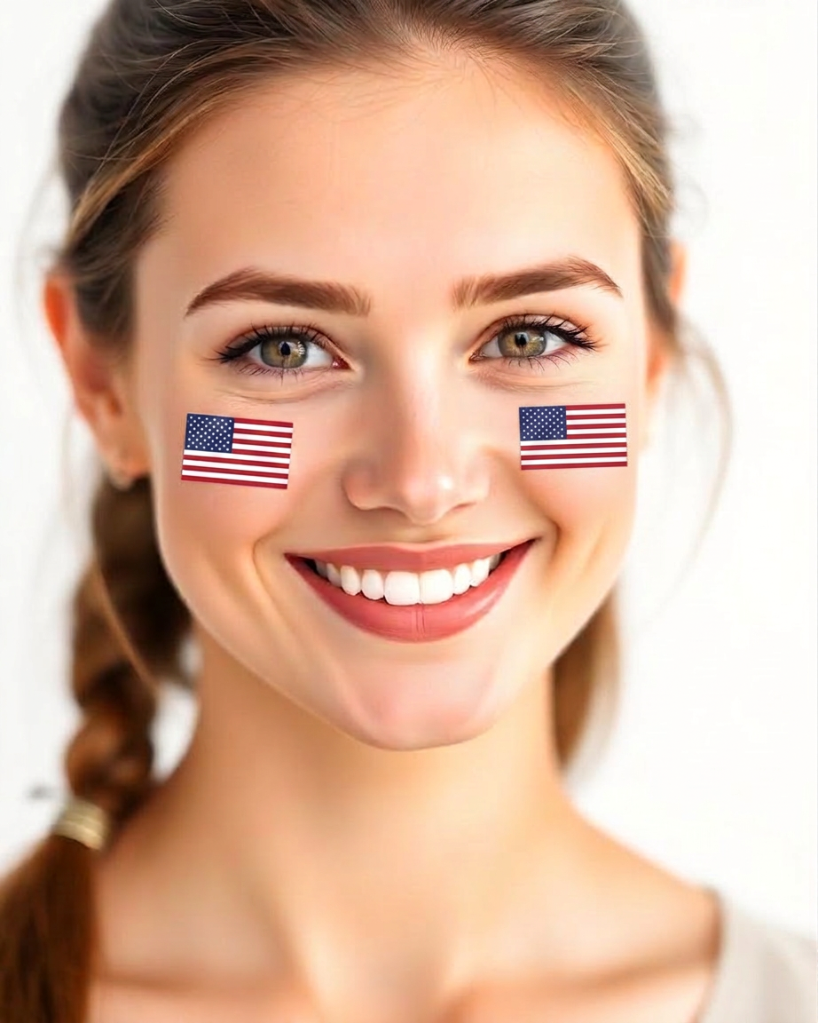 Smiling American fan with the USA flag painted on her cheeks